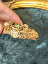 Load image into Gallery viewer, Vintage Midcentury Signed FLORENZA Gold Tone Floral Vanity Mirror Embellished with Green &amp; Pink Rhinestones and Faux Pearls
