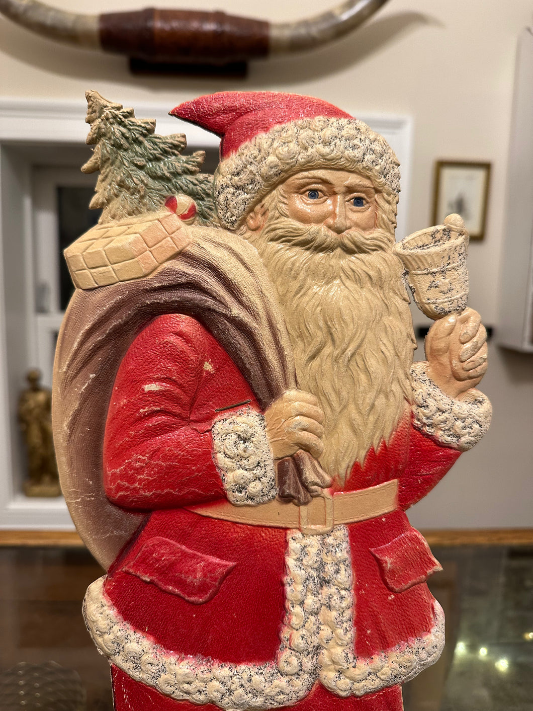 Vintage 1940s German Christmas Embossed Die Cut Cardboard Santa Claus Standup Decoration | Made in Germany