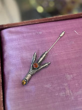 Load image into Gallery viewer, Vintage R118 Silver Tone Scottish Mizpah Grouse Claw Stickpin Brooch with Faceted Orange and Yellow Glass Stones
