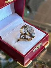 Load image into Gallery viewer, Vintage Midcentury Signed VARGAS 18K HGE Electroplate Gold Tone Large Faceted Smokey Grey Glass Cocktail Ring High Setting US 7 1/2
