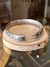 Load image into Gallery viewer, Vintage 1960s English Hallmarked CPS Sterling Silver Hand Engraved Leaf Scroll Hinged Bangle Bracelet Safety Chain
