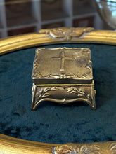 Load image into Gallery viewer, Antique Art Nouveau Gold Gilt Brass Footed Jewelry Trinket Box or Rosary Case Religious Cross | Silk Lined
