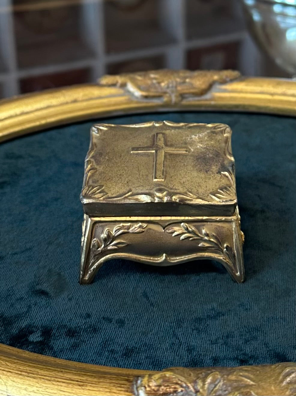 Antique Art Nouveau Gold Gilt Brass Footed Jewelry Trinket Box or Rosary Case Religious Cross | Silk Lined