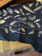 Load image into Gallery viewer, Vintage Designer Hermes Silk Scarf Black with Champagne Color Plumes H. Linares Bird Feather Pattern Made in France
