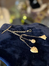 Load image into Gallery viewer, Victorian Antique Pocket Watch Fob Chain with T Bar &amp; Charms Heart Fan &amp; Flower
