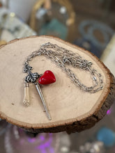 Load image into Gallery viewer, Handmade Vintage Talisman Silver Tone Necklace Red Puffy Heart Silver Dagger &amp; Figa Fist
