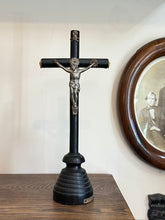 Load image into Gallery viewer, Antique Black Ebony Wood &amp; Metal Altar Standing Tabletop Pedestal Crucifix Skull and Crossbones 11” Tall
