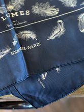 Load image into Gallery viewer, Vintage Designer Hermes Silk Scarf Black with Champagne Color Plumes H. Linares Bird Feather Pattern Made in France
