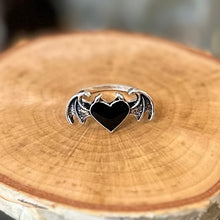 Load image into Gallery viewer, Gothic Black Heart &amp; Bat Wing Silver Tone Ring
