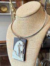 Load image into Gallery viewer, Vintage Midcentury Circa 1970s Large Wood &amp; Silver Tone Metal Egyptian Revival Pharoah Pendant on Silver Tone Choker Adjustable
