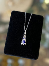 Load image into Gallery viewer, Vintage Sterling Silver &amp; Blue Enamel Scarab Beetle Pendant Necklace Long 24.5” Layering
