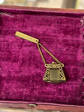 Load image into Gallery viewer, Vintage 1950s Chatelaine Brass Chain Kiss Lock Opening Purse Charm for Belt Victorian Revival
