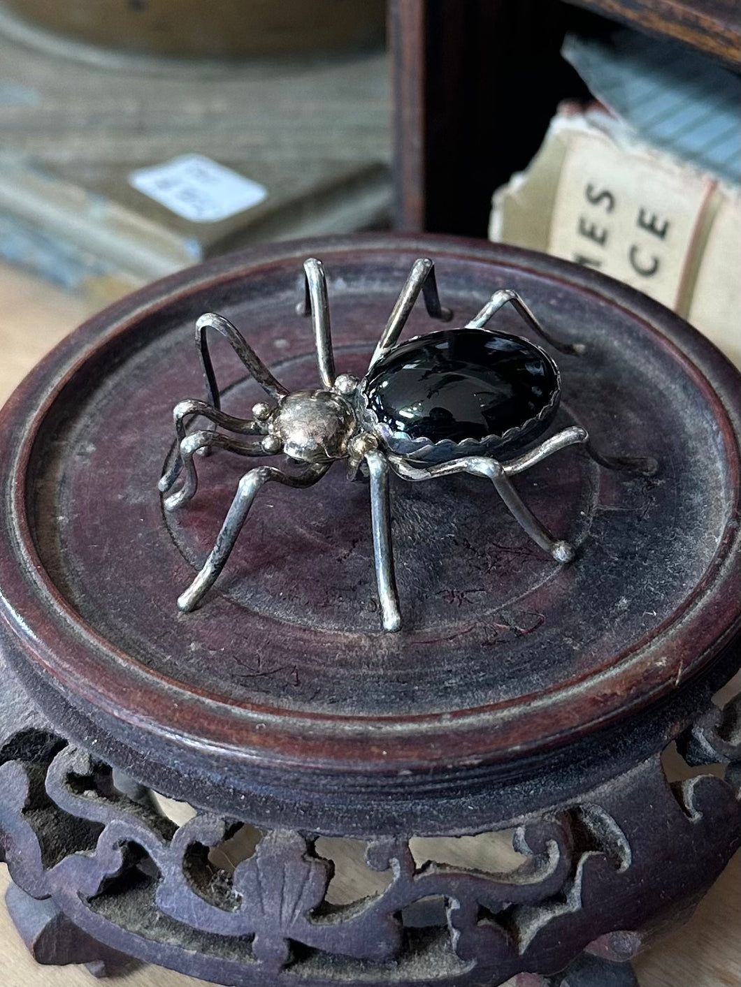 Vintage Navajo Native American Signed E. SPENCER Sterling Silver Black Onyx Spider Brooch