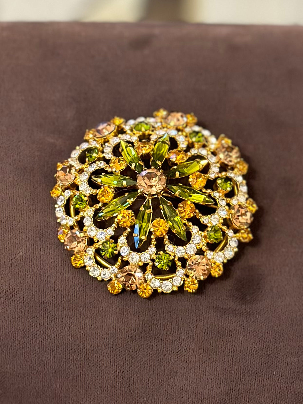 Dazzling Vintage 1950s AUSTRIA Floral Prong Set Rhinestone Crystals Gold Tone Metal Domed Brooch Pin Orange Green Marquise