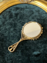 Load image into Gallery viewer, Vintage Midcentury Signed FLORENZA Gold Tone Floral Vanity Mirror Embellished with Green &amp; Pink Rhinestones and Faux Pearls

