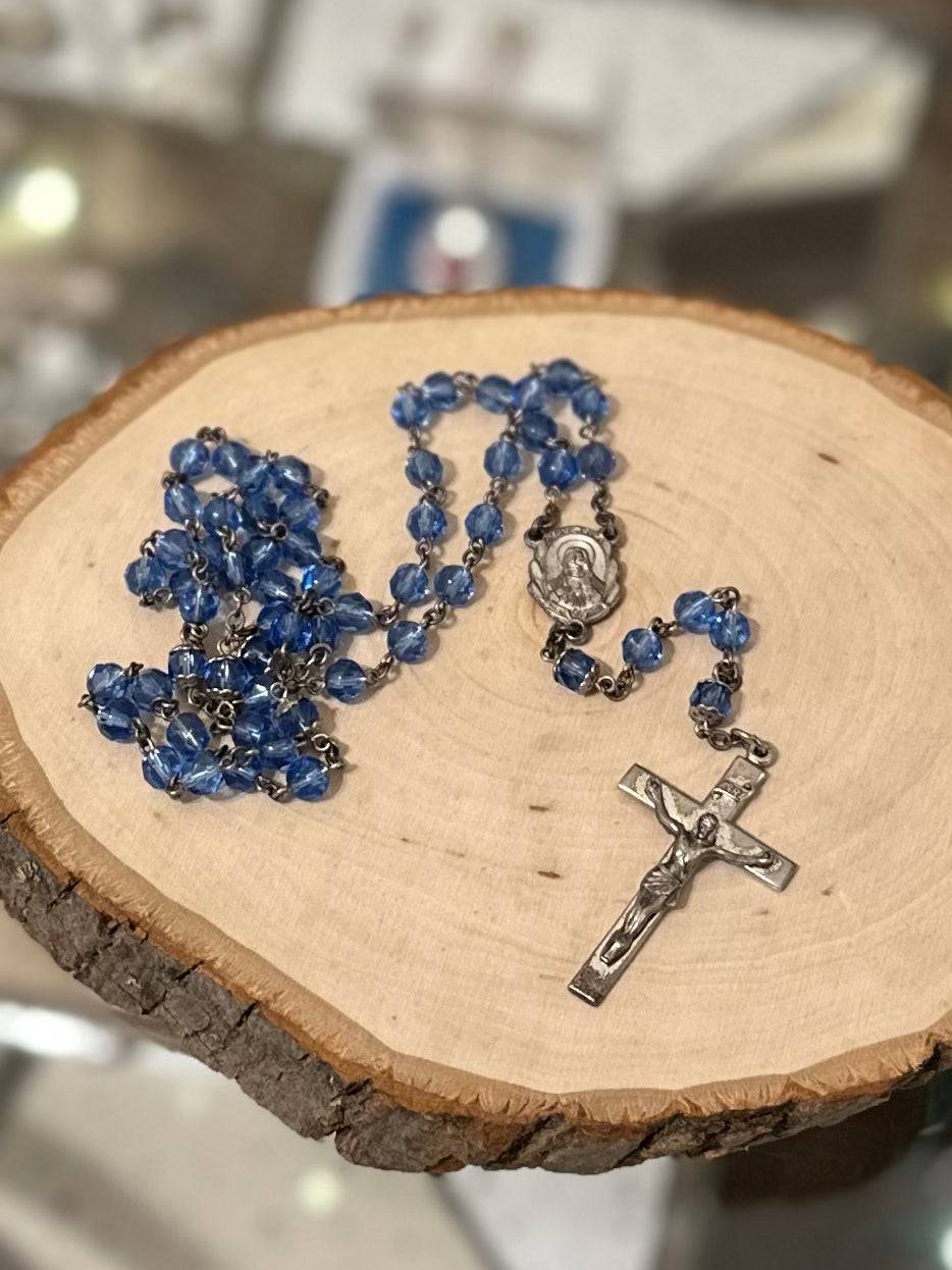Vintage Signed Creed Sterling Silver Blue Faceted Crystal Rosary Beads Crucifix Art Deco 20