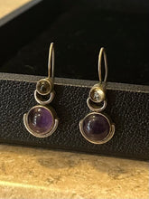 Load image into Gallery viewer, Vintage Sterling Silver Amethyst &amp; Clear Quartz Cabochon Dangle Drop Earrings
