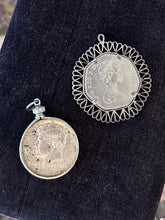 Load image into Gallery viewer, You Pick! Vintage Midcentury Coin Pendants Silver Tone | 1973 Queen Elizabeth 50 Pence or 1964 Ike Dollar John F. Kennedy JFK
