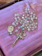 Load image into Gallery viewer, Vintage Circa 1940s Signed WI Sterling Silver Clear Aurora Borealis Crystal St. Anthony Medal Crucifix Rosary 19.45"
