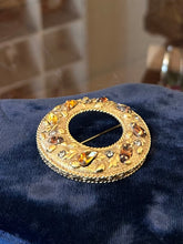 Load image into Gallery viewer, Vintage Midcentury Matte Gold Tone Orange &amp; Brown Faceted Rhinestone Wreath Circle Brooch
