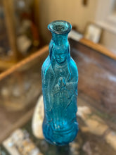 Load image into Gallery viewer, Vintage Handblown Glass Blue Virgin Mary Our Lady of Guadeloupe Bottle Jug with Handle Holy Water Pontil Mark
