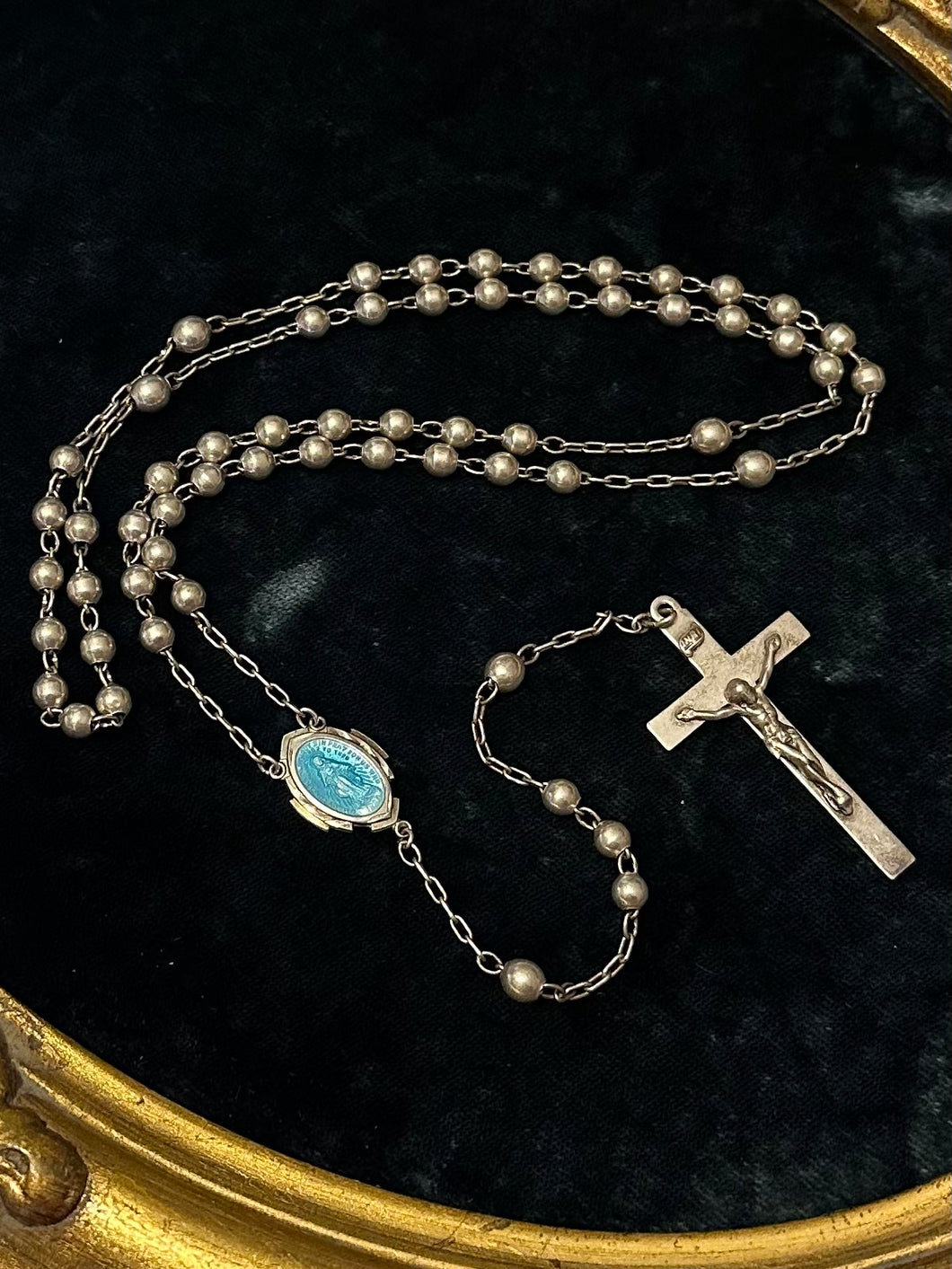Vintage Signed GK GOLDI KAPLAN All Sterling Silver Bead Blue Enamel Mary 20.6” Rosary Engraved Elizabeth A. Cronauer Religious