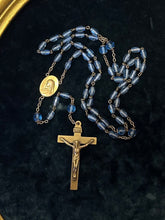 Load image into Gallery viewer, Antique Stamped XXX Triple Plated Gold Tone &amp; Blue Faceted Crystal Rosary Beads Crucifix Engraved Monogram MJH Art Deco 22&quot;
