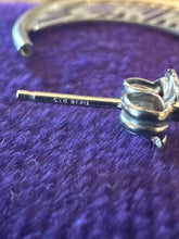 Load image into Gallery viewer, Vintage 1990s Sterling Silver Heart Open Hoop Earrings “Hearts in a Cage” Signed BEAU
