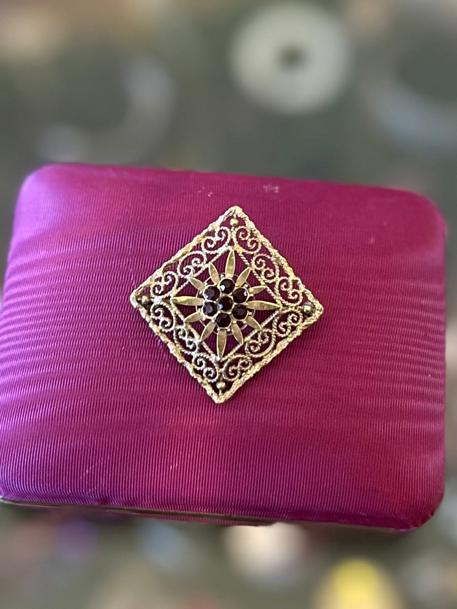 Vintage 1960s Signed Andreas Daub German Rolled Gold & Genuine Garnet Filigree Brooch Midcentury