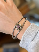 Load image into Gallery viewer, Vintage 1990s Signed CAROL FELLEY Sterling Silver &amp; Genuine Amethyst Southwestern Seashell Seahorse Cuff Bracelet
