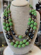 Load image into Gallery viewer, RARE Vintage HOBE &#39;50s Tri-Strand Green Art Glass &amp; Gold Tone Necklace Faience
