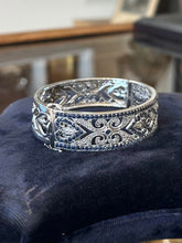 Load image into Gallery viewer, Vintage P*M Art Deco Revival Sterling Silver Filigree Sapphire Hinged Bracelet
