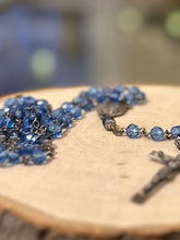 Load image into Gallery viewer, Vintage Signed Creed Sterling Silver Blue Faceted Crystal Rosary Beads Crucifix Art Deco 20&quot;
