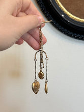 Load image into Gallery viewer, Victorian Antique Pocket Watch Fob Chain with T Bar &amp; Charms Heart Fan &amp; Flower
