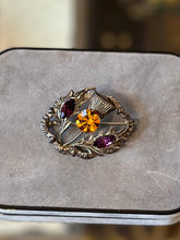 Load image into Gallery viewer, Vintage WB Signed Ward Brothers Sterling Silver Scottish Thistle Brooch Faceted Glass Citrine and Purple Amethyst Marquise Stones
