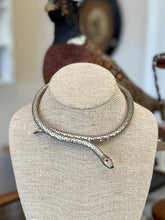 Load image into Gallery viewer, Vintage Midcentury Silver Tone &amp; Red Rhinestone Eyes Snake Coil Choker Necklace Adjustable
