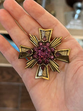 Load image into Gallery viewer, Vintage Signed ZENTALL Gold Tone &amp; Faceted Purple Rhinestone Maltese Cross Brooch
