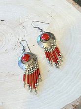 Load image into Gallery viewer, Vintage Southwestern Sterling Silver and Genuine Coral Beaded Fringe Dangle Drop Earrings Native American Style
