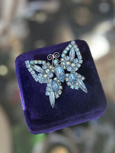 Load image into Gallery viewer, Vintage Light Blue &amp; Aurora Borealis Faceted Rhinestone Butterfly Brooch Silver Tone Midcentury

