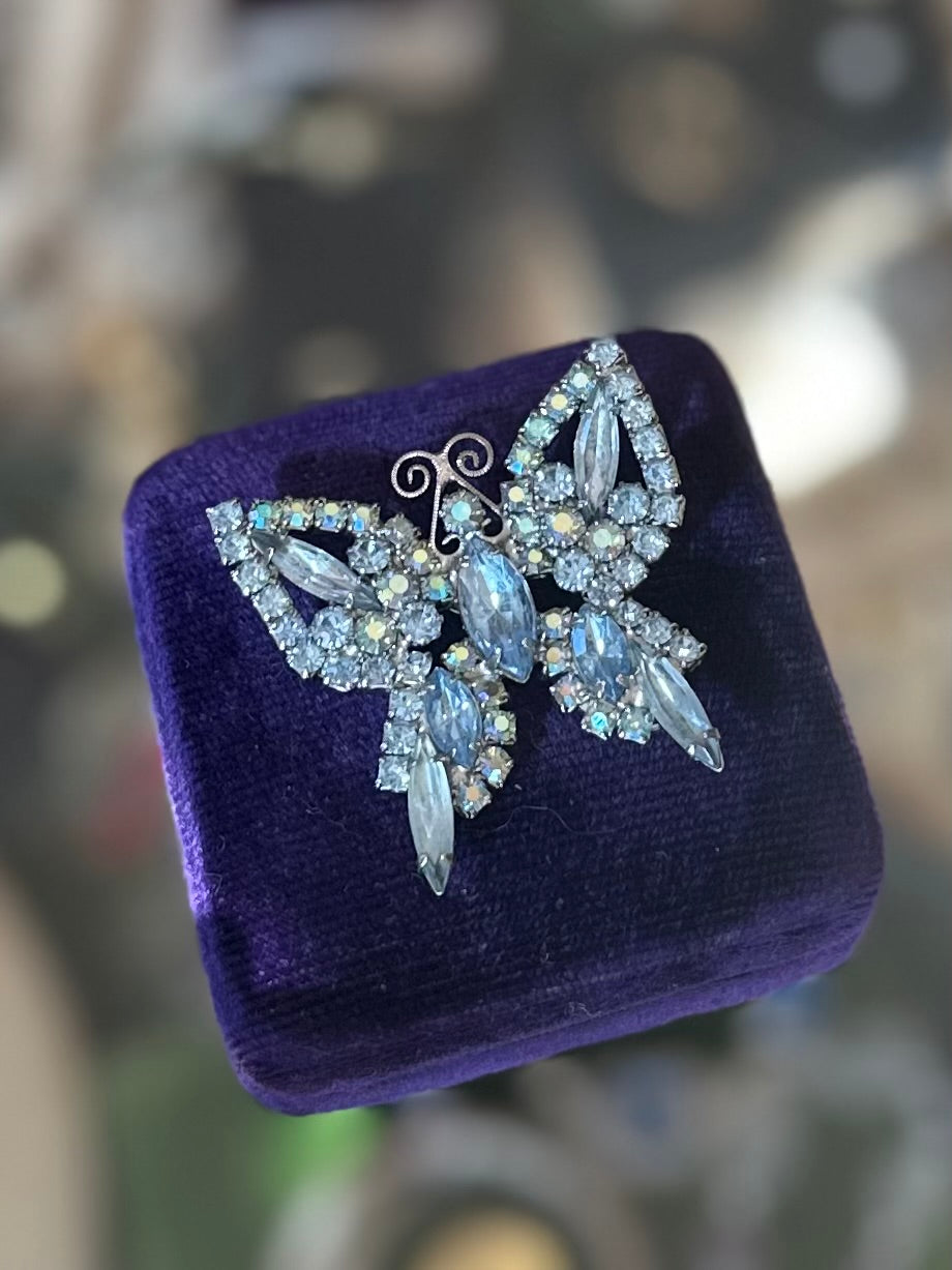Vintage Light Blue & Aurora Borealis Faceted Rhinestone Butterfly Brooch Silver Tone Midcentury