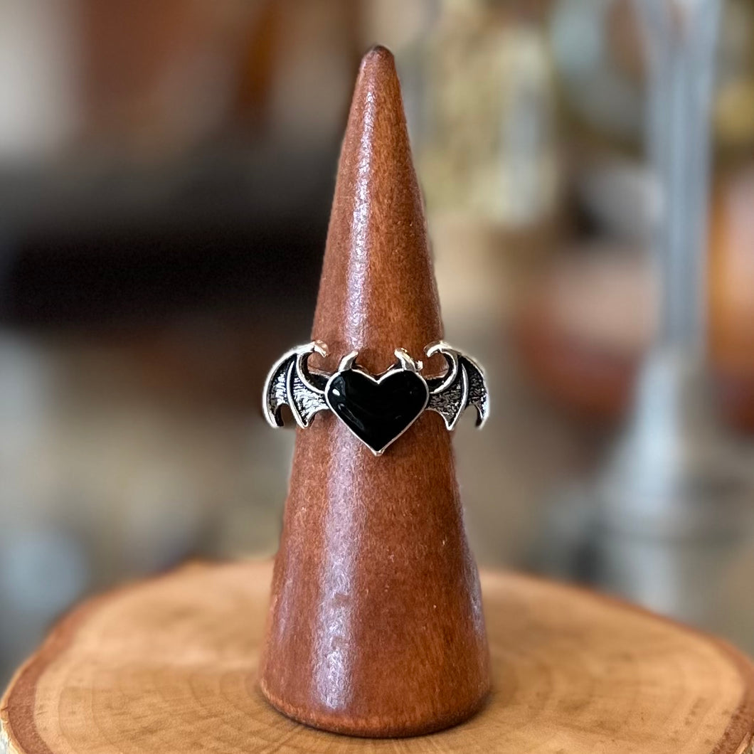 Gothic Black Heart & Bat Wing Silver Tone Ring