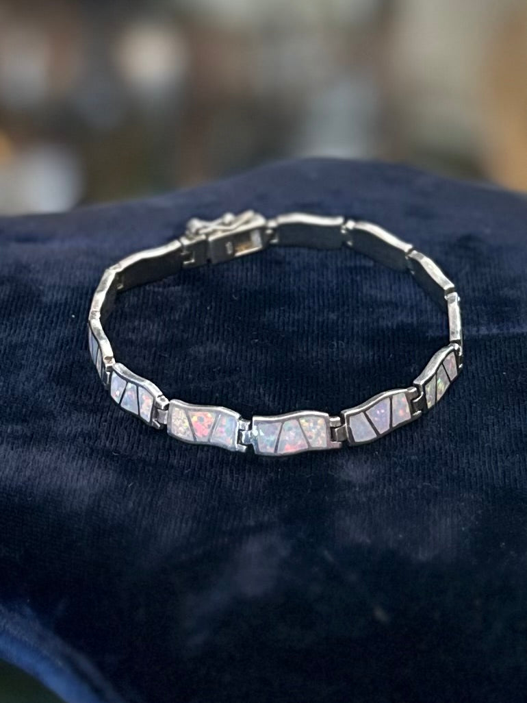Vintage Sterling Silver White Fire Opal Inlay Link Bracelet 7.5”