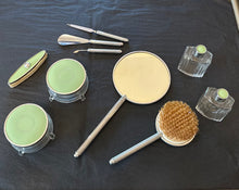 Load image into Gallery viewer, Antique Vintage 1920s 1930s Art Deco Mint Green Full Vanity 10 Piece Set | Includes Hand Mirror, Brush, Nail Tools, Perfume Bottles &amp; More!
