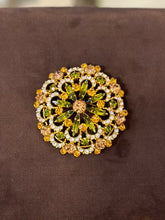 Load image into Gallery viewer, Dazzling Vintage 1950s AUSTRIA Floral Prong Set Rhinestone Crystals Gold Tone Metal Domed Brooch Pin Orange Green Marquise
