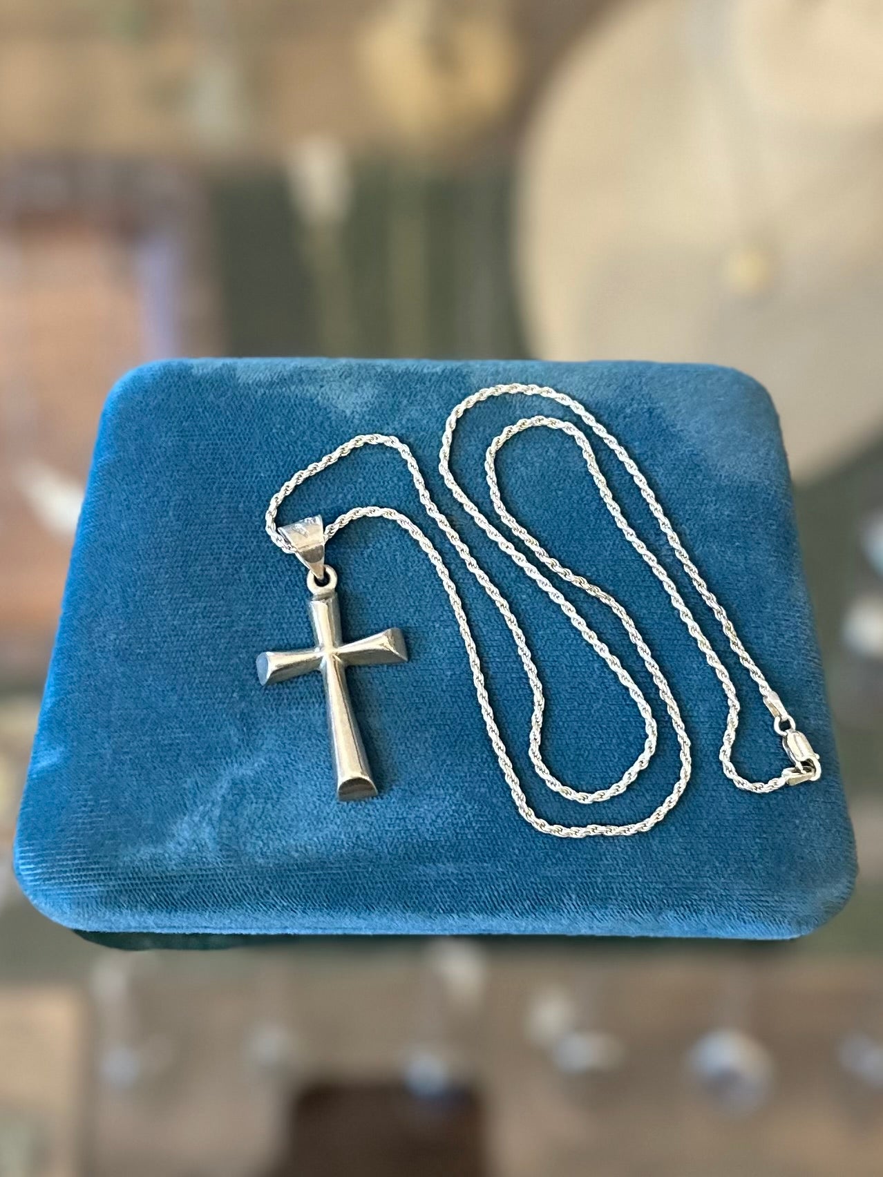 Vintage Sterling Silver Taxco Mexico Unisex Solid Cross Rope Chain