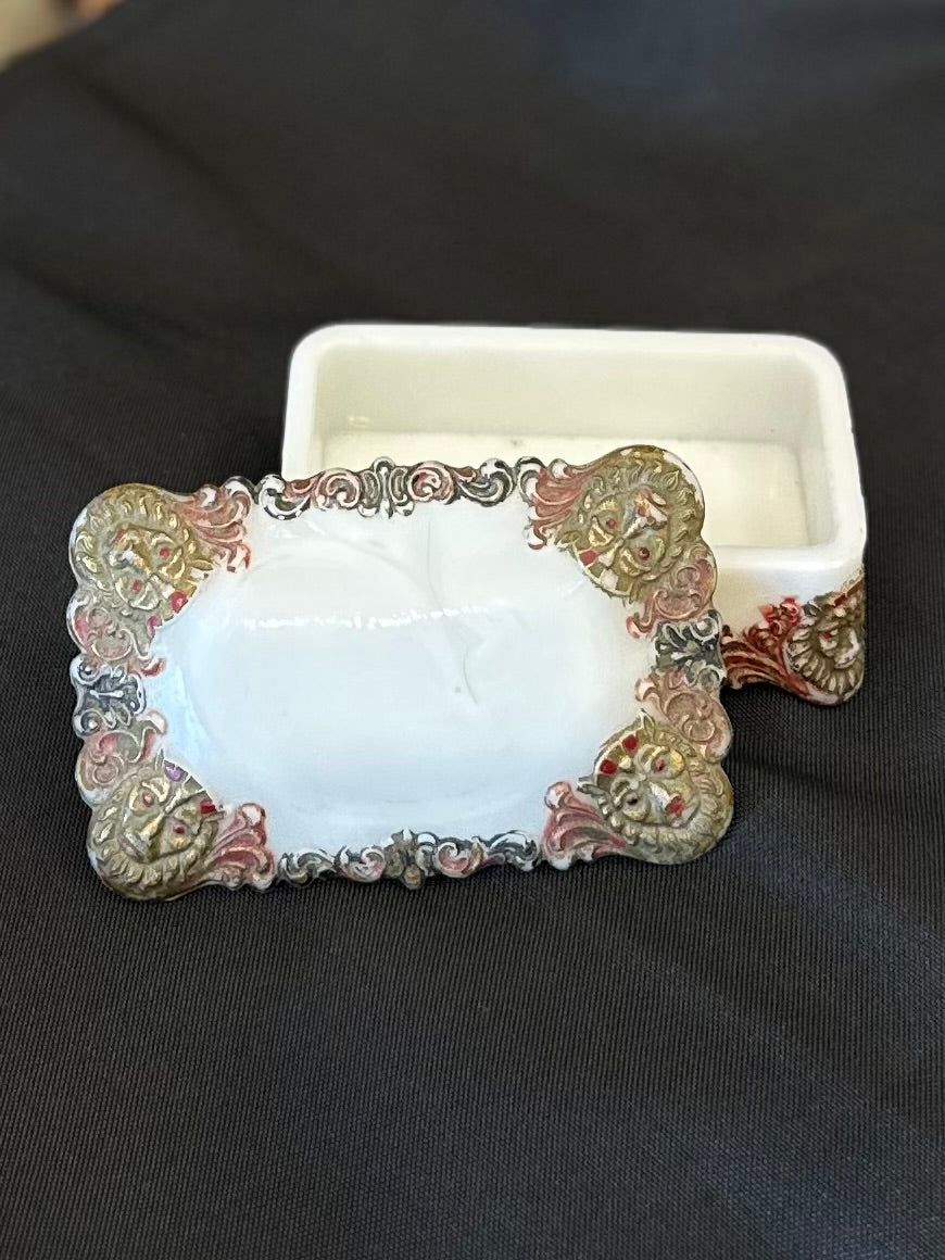Antique Victorian Era Milk Glass with Ornate Lion Head Embellishment Jewelry Casket Lidded Dish