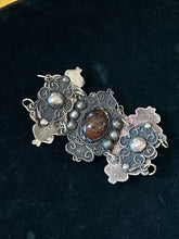 Load image into Gallery viewer, Vintage Mexico Sterling Silver &amp; Dalmatian Jasper Cabochon Ornate Scrollwork Panel Link Statement Bracelet 6.75”
