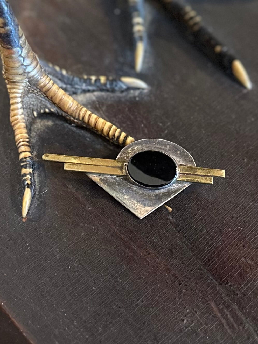 Vintage Signed AJV Sterling Silver & Black Onyx Two Tone Modernist Geometric Brooch Pin