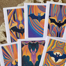 Load image into Gallery viewer, Box Set Of 8 Groovy Psychedelic Colorful Halloween Bat Cards: Brown Kraft Paper
