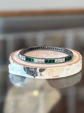Load image into Gallery viewer, Art Deco Sterling Silver Emerald Green &amp; Clear Square Faceted Rhinestone Engraved Hinged Bangle Bracelet
